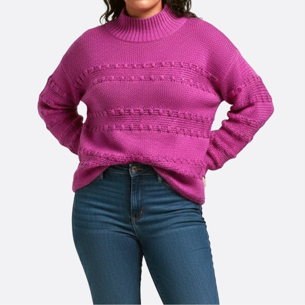 NIC+ZOE Fuchsia Magenta Mock Neck Bobble Knit Sweater‎ L Fits 0X